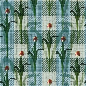 Green Blue Cabincore Vibe Floral Plaid, Springtime Meadow Flowers, Blooming Tulip Garden, Dutch Golden Age Inspired Textured Tulips, Minimalist Tulip Flower Gingham Check, Simple Single Green Stem, Minimalist Red Yellow Tulip Flower Check Pattern