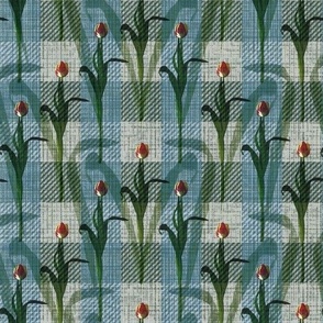 Blue Green Floral Plaid, Tulip Flower Lovers Gingham Check, Spring Themed Interior, Tulip Garden Lover, Gardeners Cottage Flowers, Kitchen Pantry Wall Decor, Floral Kitchen Gingham Check Pattern, Spring Gardening, Simple Floral, Minimalist Single Flowers
