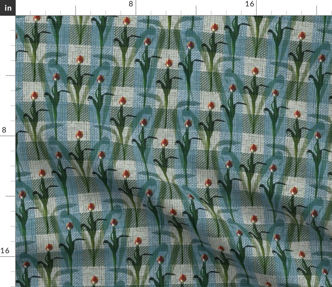 Blue Green Floral Plaid, Tulip Flower Lovers Gingham Check, Spring Themed Interior, Tulip Garden Lover, Gardeners Cottage Flowers, Kitchen Pantry Wall Decor, Floral Kitchen Gingham Check Pattern, Spring Gardening, Simple Floral, Minimalist Single Flowers