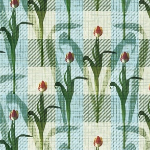Whimsical Blue Green Floral Plaid, Decorative Tulips Throw Cushions, Spring Flower Tulip Bouquet, Impressionist Tulip Field Painted Flowers, Textured Easter Tulip Springtime Floral Gingham, Spring Kitchen Pantry Table Linen Decor, Minimalist Tulip Flower 