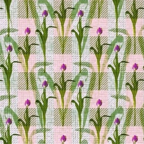 Kitchen Botanical Illustration Feature Wall, Pink Green Springtime Floral Plaid, Pretty Pantry Floral Gingham, Purple Tulip Flowers Green Leaves, Whimsical Single Tulip Flowers, Cottagecore Vibe, Spring Vacation Lake Life Cabincore Textured Plaid