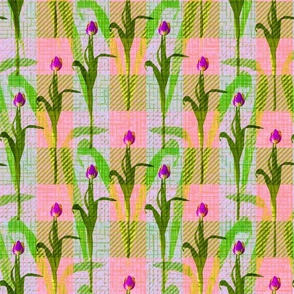 Green and Pink Country Plaid, Pink Green Floral Gingham Check, Countryside Kitchen Pantry, Country Chic Flower Power, Kitchen Tableware Picnic Blanket, Spring Home Interior Makeover, Springtime Table Linen Plaid, Lush Greens Vibrant Tulip Flowers