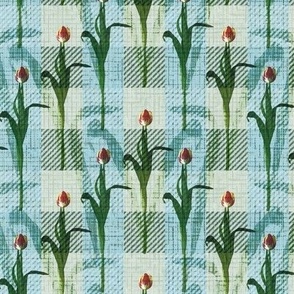 Lush Green Leaves Botanical Illustration, Blue Green Floral Design, Tulip Flower Lover, Red and Yellow Cottagecore Home Decor, Painted Tulip Wall Decor, Kitchen Table Linen, Spring Tulips Mural on Plaid, Elegant Check Tulip Pattern, Spring Flower Gingham 