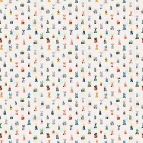 Small - Cute and quirky Pastel pot plants on white. Funky house plant fabric design