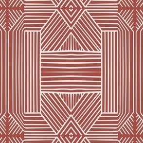 (M) Geometric Thin Lines Stripes (s) - Non-directional Mud-cloth - Light Beige on Red Slate