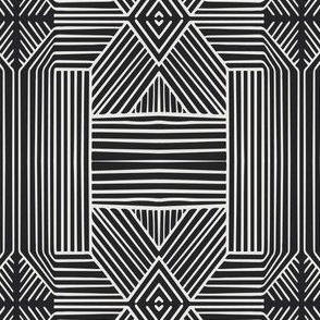 (M) Geometric Thin Lines Stripes (s) - Non-directional Mud-cloth - Light Beige on Black
