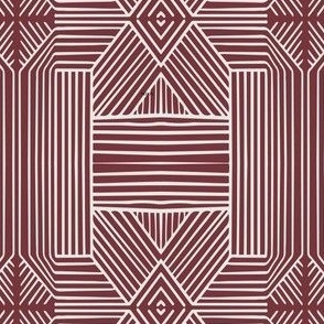 (M) Geometric Thin Lines Stripes (s) - Non-directional Mudcloth - light beige on Deep Red