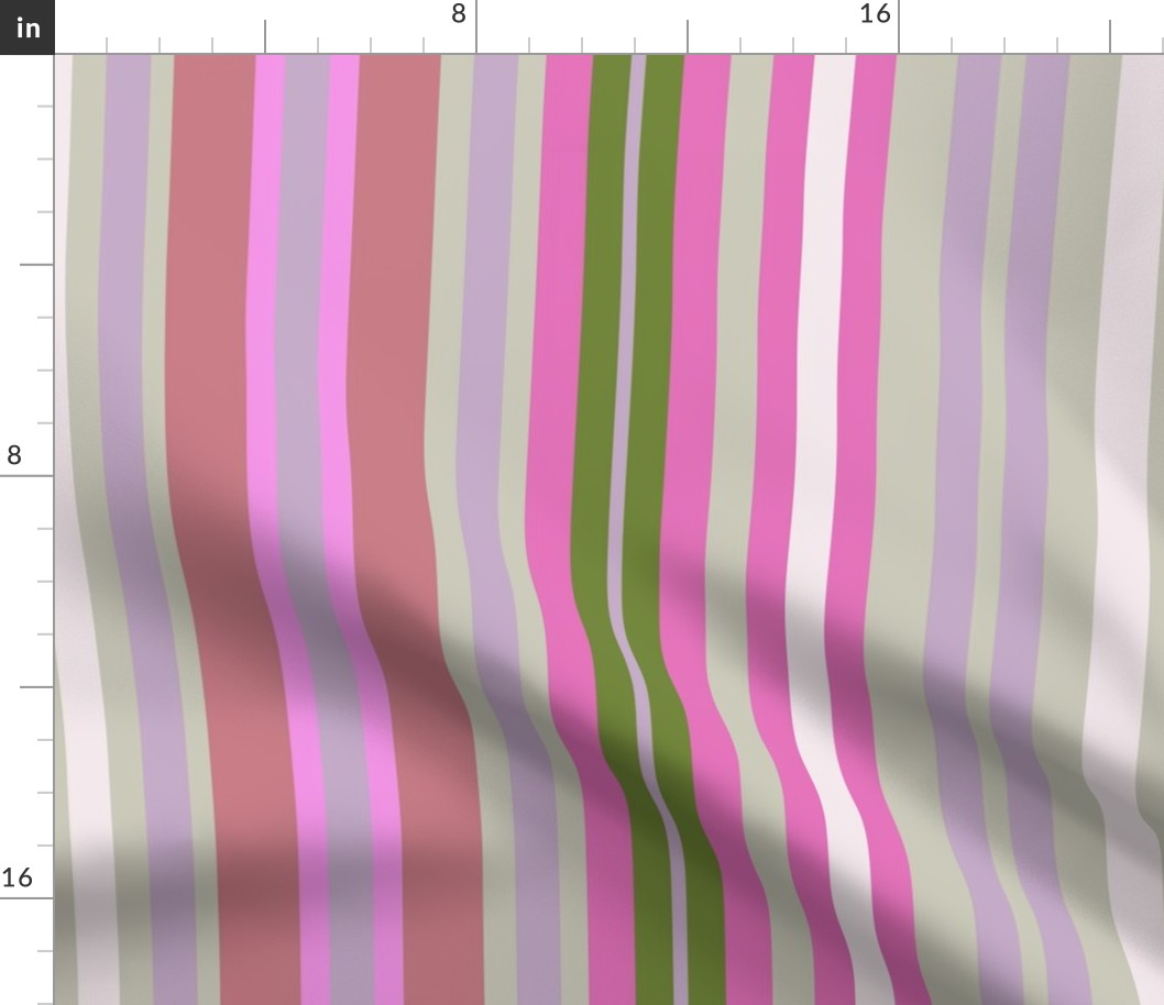 C013 - Large scale mauve, lavender, hot pink and green crayfish bold retro coordinate classic colorful ticking vertical irregular  stripe, for apparel, wallpaper, duvet cover, table cloths and upholstery