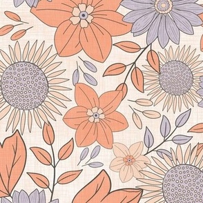 Retro Peach and Purple Summer Floral for Quilt