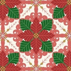 [L] Red Poinsettia Holly Berries Christmas - Cranberry Red and Green #P240324