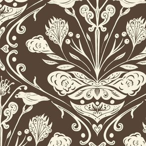 Vintage Damask, Ornate Geometric Florals, Birds, Ivory on Dark Brown, Lge 