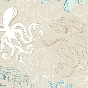Tentacle Tango Tapestry - Octopus design with texture in Khaki tone
