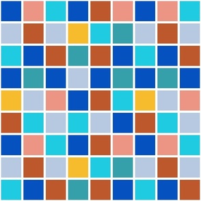 (Large) Vibrant Coastal Palette Grid with Electric Cobalt Blue, Turquoise, Teal, Muted Cerulean, Intense Yellow , Rusty Lobster Orange, and Intense Seashell Pink