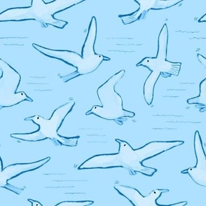 Nautical Seaside seagulls flying with blue background