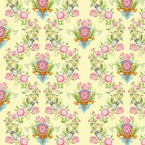 Exquisite Marie Antoinette Inspired Geometric Nostalgic Dove Birds And Pink Flower Tendrils Garden: Antique Geometrical Floral Springflowers And Birds, Vintage Wallpaper soft spring yellow 