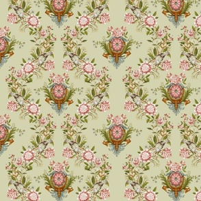 Exquisite Marie Antoinette Inspired Geometric Nostalgic Dove Birds And Pink Flower Tendrils Garden: Antique Geometrical Floral Springflowers And Birds, Vintage Wallpaper soft sage green