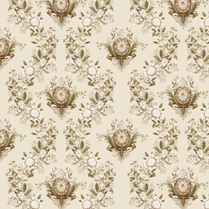 Exquisite Marie Antoinette Inspired Geometric Nostalgic Dove Birds And Pink Flower Tendrils Garden: Antique Geometrical Floral Springflowers And Birds, Vintage Wallpaper soft sepia beige