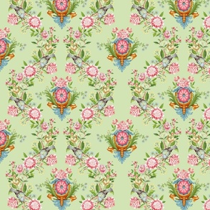 Exquisite Marie Antoinette Inspired Geometric Nostalgic Dove Birds And Pink Flower Tendrils Garden: Antique Geometrical Floral Springflowers And Birds, Vintage Wallpaper soft spring green