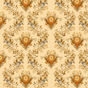 Exquisite Marie Antoinette Inspired Geometric Nostalgic Dove Birds And Pink Flower Tendrils Garden: Antique Geometrical Floral Springflowers And Birds, Vintage Wallpaper soft summer  sepia  yellow 