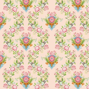 Exquisite Marie Antoinette Inspired Geometric Nostalgic Dove Birds And Pink Flower Tendrils Garden: Antique Geometrical Floral Springflowers And Birds, Vintage Wallpaper soft spring blush pink