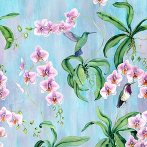 Orchids with hummingbirds pastel blue and pink