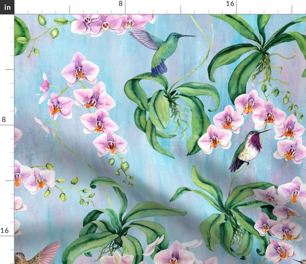 Orchids with hummingbirds pastel blue and pink