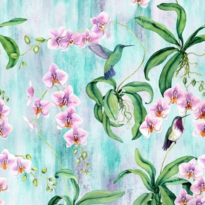 Orchids with hummingbirds pastel blue and pink