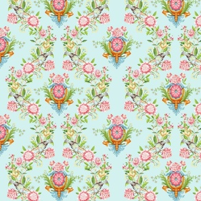 Exquisite Marie Antoinette Inspired Geometric Nostalgic Dove Birds And Pink Flower Tendrils Garden: Antique Geometrical Floral Springflowers And Birds, Vintage Wallpaper soft spring blue