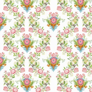 Exquisite Marie Antoinette Inspired Geometric Nostalgic Dove Birds And Pink Flower Tendrils Garden: Antique Geometrical Floral Springflowers And Birds, Vintage Wallpaper off white