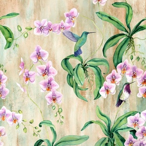 Orchids with hummingbirds peach