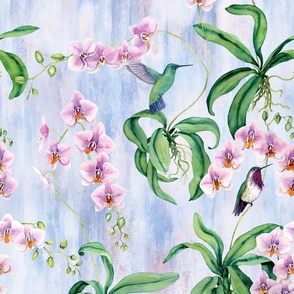 Orchids with hummingbirds pastel purple and pink