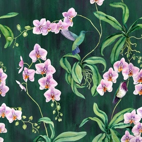 Orchids with hummingbirds dark green