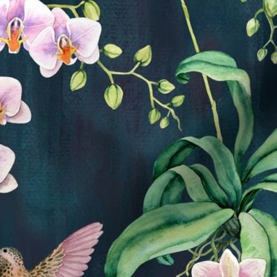 Orchids with hummingbirds dark blue