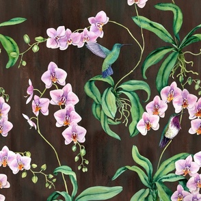 Orchids with hummingbirds dark brown