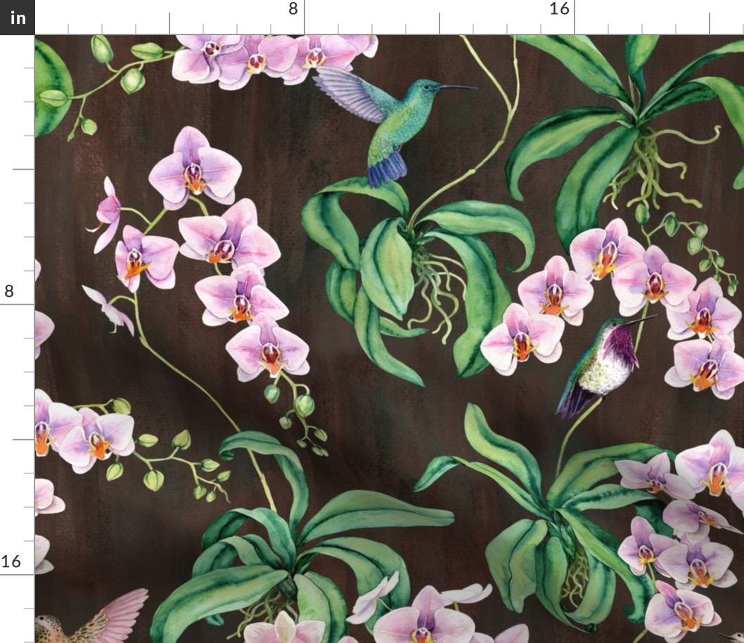 Orchids with hummingbirds dark brown