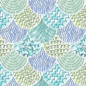 (L) Mermaid Scales Scallops Boho Painted Doodle Blue, Green and Lavender