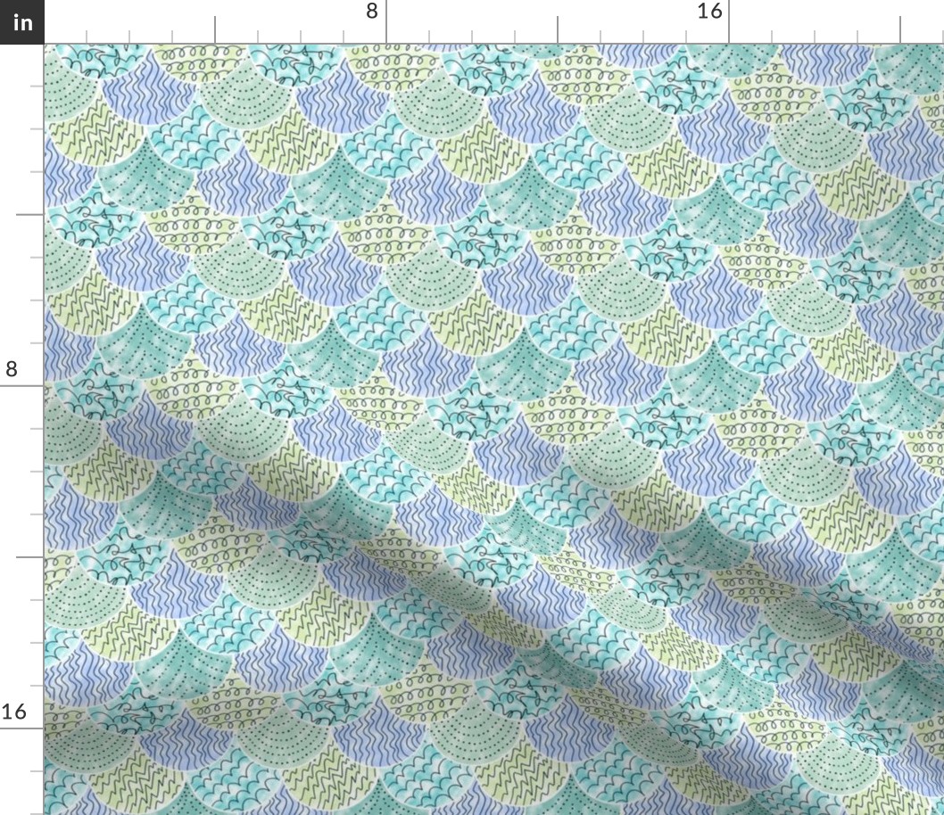 (S) Mermaid Scales Scallops Boho Painted Doodle Blue, Green and Lavender