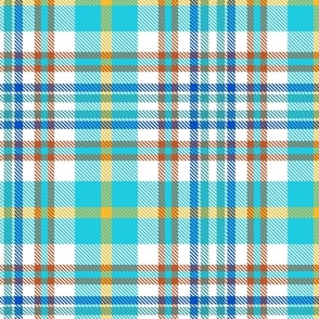 (Large) Vibrant Coastal Tartan Plaid with White,  Electric Cobalt Blue, Turquoise, Teal, Intense Yellow and Rusty Lobster Orange
