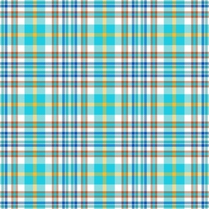 (Small) Vibrant Coastal Tartan Plaid with White,  Electric Cobalt Blue, Turquoise, Teal, Intense Yellow and Rusty Lobster Orange