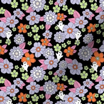 Ditsy Blossom halloween ghosts vintage flowers and spooky fall theme outline lilac green pink purple on black
