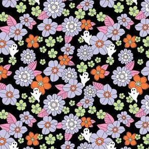 Ditsy Blossom halloween ghosts vintage flowers and spooky fall theme outline lilac green pink purple on black