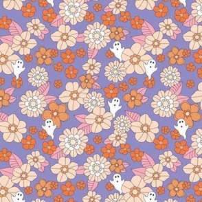 Ditsy Blossom halloween ghosts vintage flowers and spooky fall theme outline sand pink orange on lilac purple