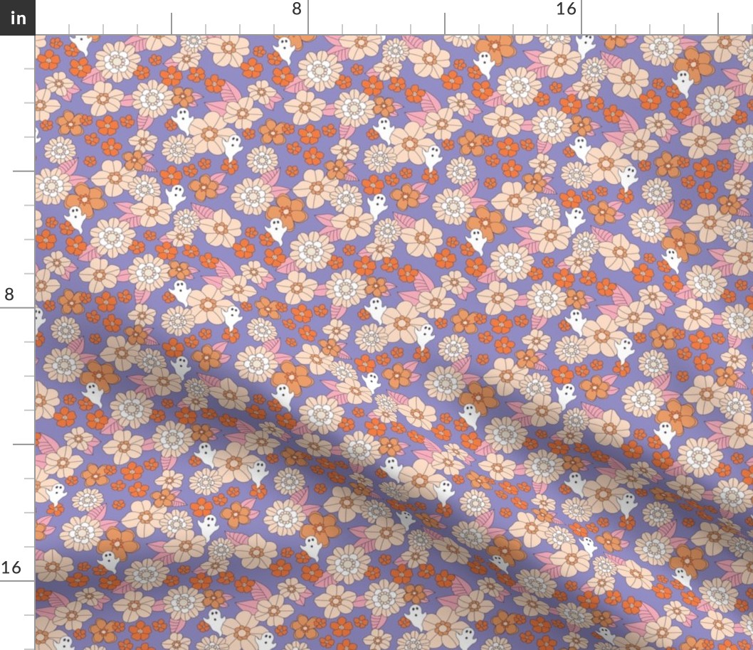 Ditsy Blossom halloween ghosts vintage flowers and spooky fall theme outline sand pink orange on lilac purple