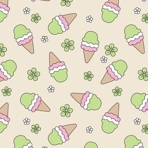 Summer Girls - Basic Outline Ice Cream and daisies retro style snacks and blossom pink green on sand 