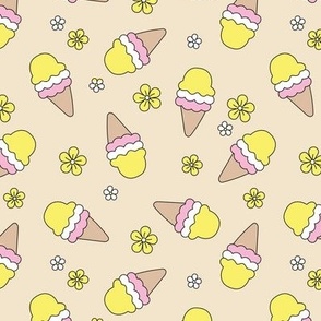 Summer Girls - Basic Outline Ice Cream and daisies retro style snacks and blossom yellow pink on sand 