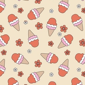 Summer Girls - Basic Outline Ice Cream and daisies retro style snacks and blossom tangerine orange pink on sand vintage palette 