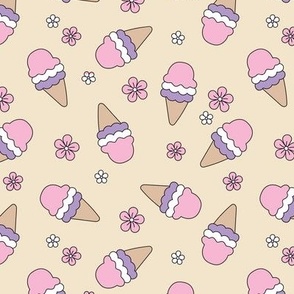 Summer Girls - Basic Outline Ice Cream and daisies retro style snacks and blossom pink lilac on sand 