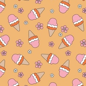 Summer Girls - Basic Outline Ice Cream and daisies retro style snacks and blossom pink tangerine on orange 