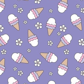 Summer Girls - Basic Outline Ice Cream and daisies retro style snacks and blossom pink white on purple lilac 