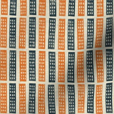 Block print inspired textured - carved strips in orange and blue - medium